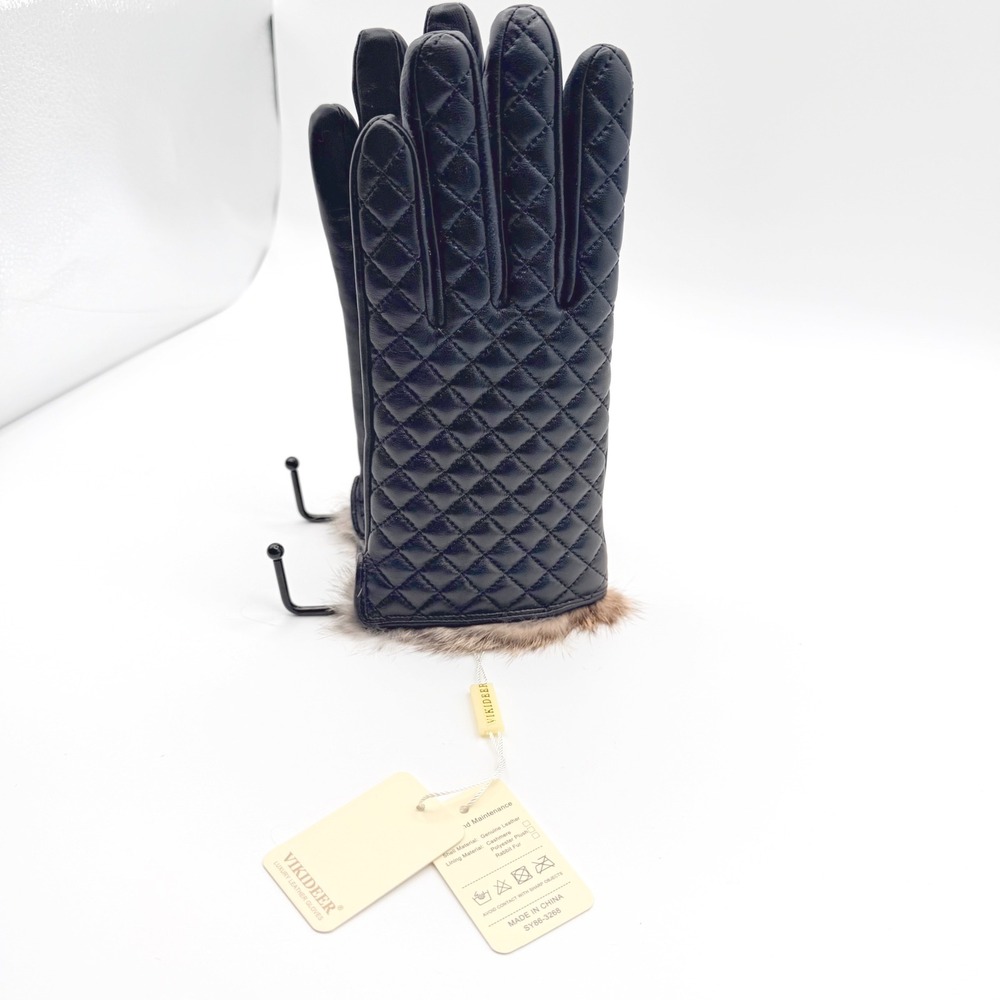 VIKIDEER Quilted Leather Gloves Women M Black Rabbit Fur Trim Cashmere Lined NEW - Picture 3 of 10